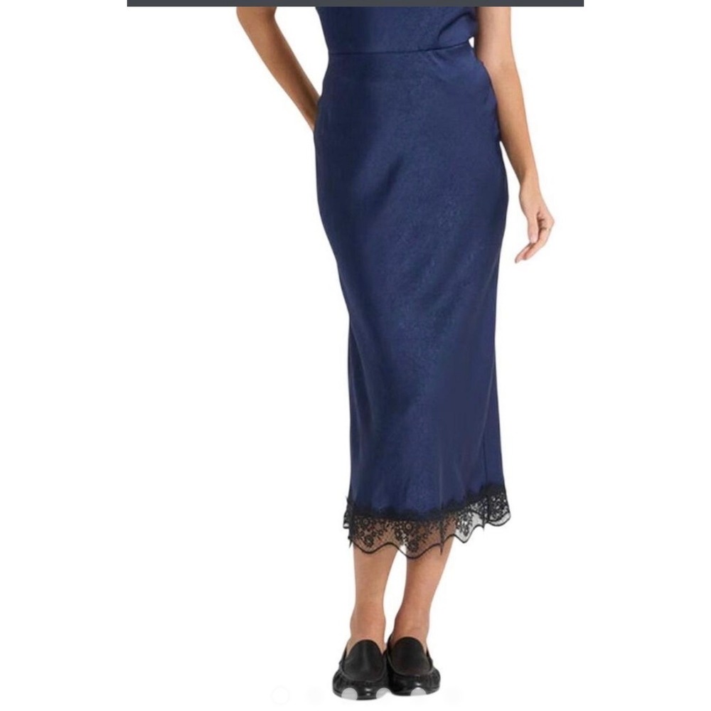A New Day Midi Slip Skirt XS Navy Blue New Lace Trim Textured Satin RN17730